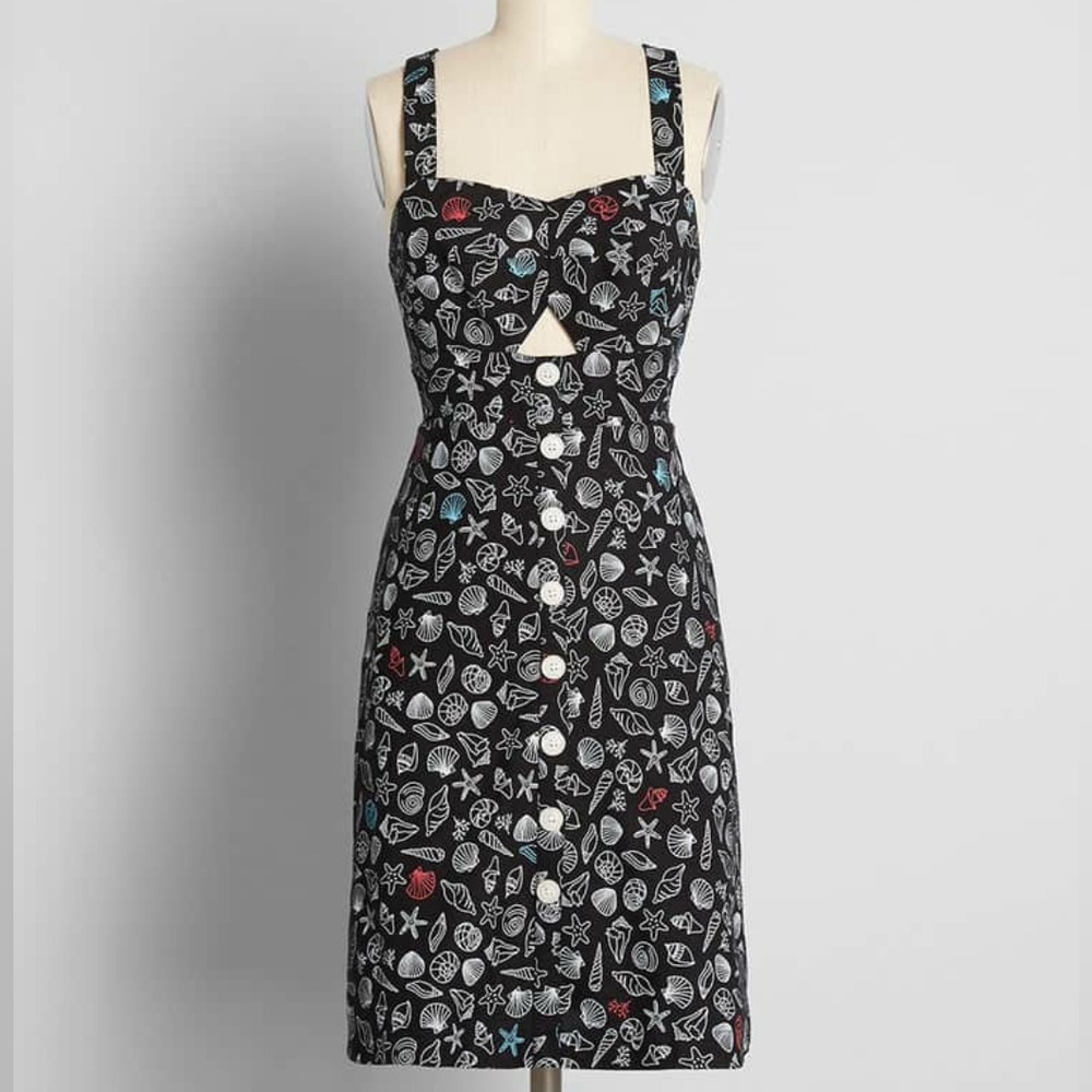 ModCloth Seashore Shells Dress Linen Pinup Cutouts Retro Coastal Black 10 - Picture 2 of 6